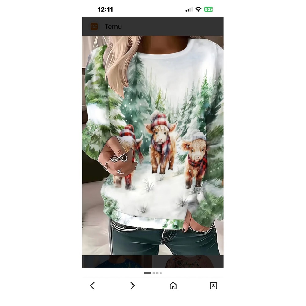 Temu Highland Cow Christmas Sweatshirt Womens Winter Snowy Forest Pullover White